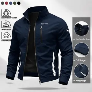 Men’s stand collar windproof jacket, lightweight commuter outerwear with multiple secure zippered pockets and reinforced cuffs, SULAITE printed design—suitable for everyday outdoor wear.