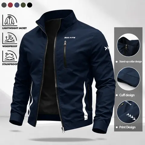 Men’s stand collar windproof jacket, lightweight commuter outerwear with multiple secure zippered pockets and reinforced cuffs, SULAITE printed design—suitable for everyday outdoor wear.