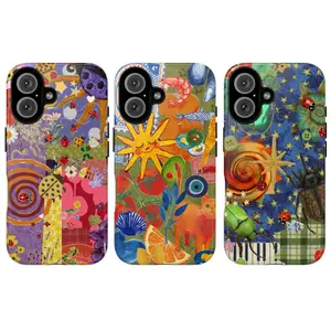 Colorful Artistic Collage Vibrant Abstract Design Nature Cosmic Elements Space Graphic Art Trendy Tough Phone Case. Trippy Galaxy Aesthetic Heavy Duty Shockproof Protective Cover for iPhone 17 Pro Max 16 Air 15 14 13 12 11.
