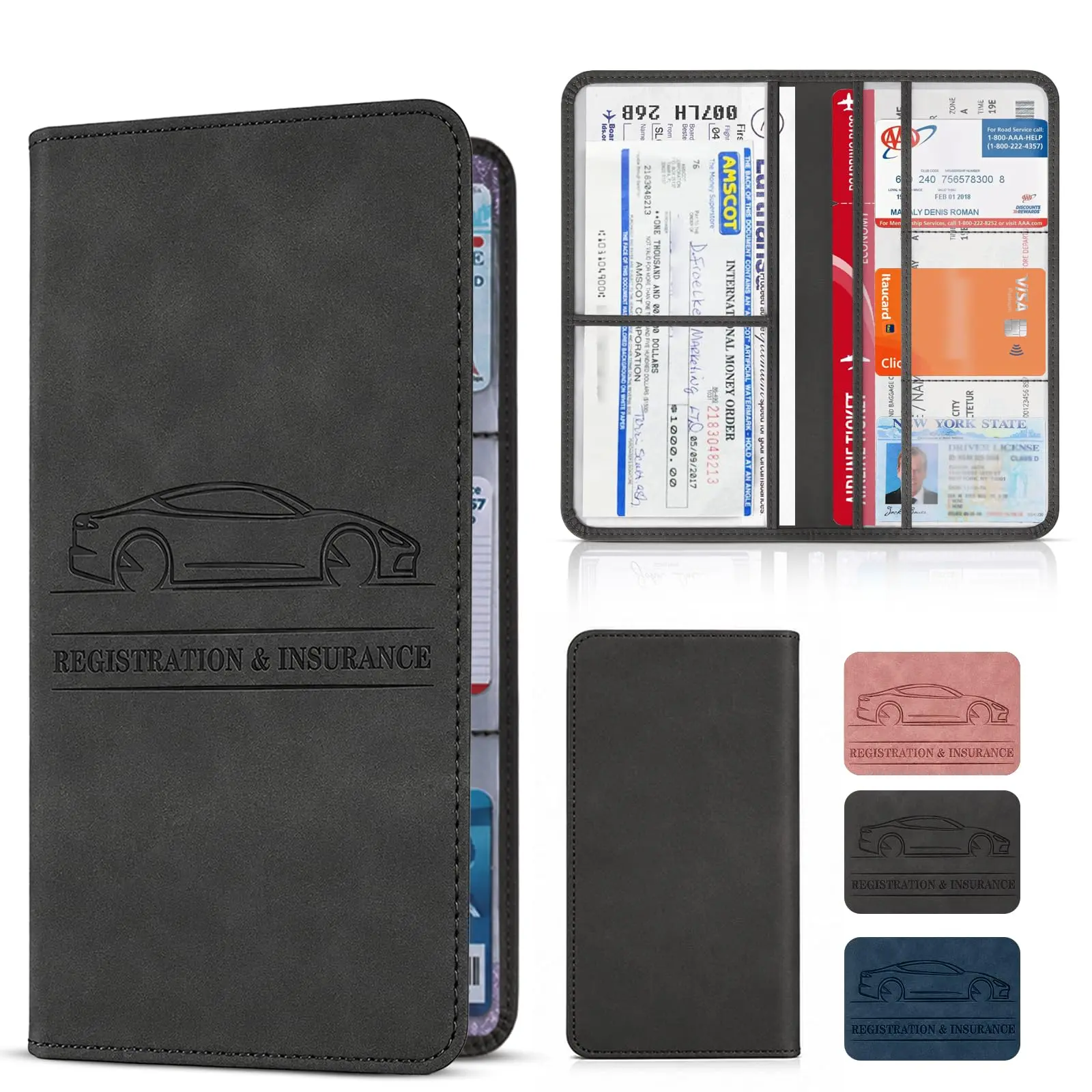Car Registration and Insurance Card Holder, Magnetic Closure Leather Vehicle Document Organizer, Neat Stitched Glove Box Storage Case, Compact Lightweight Card Holder for Driver License - Black