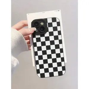 Milky White Checkerboard Pattern Camera Protection TPU Phone Case Aesthetic Style Compatible With IPhone 16 16 Pro Max Galaxy S23 S24 Ultra Cute Fashion Phone Case For Women Girls