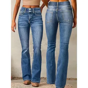 Plus Size Women's Fashionable Stretch Bootcut Jeans - Casual Double Button, Mid-Rise, Versatile Flare Leg Denim in Light Blue, Washable Machine