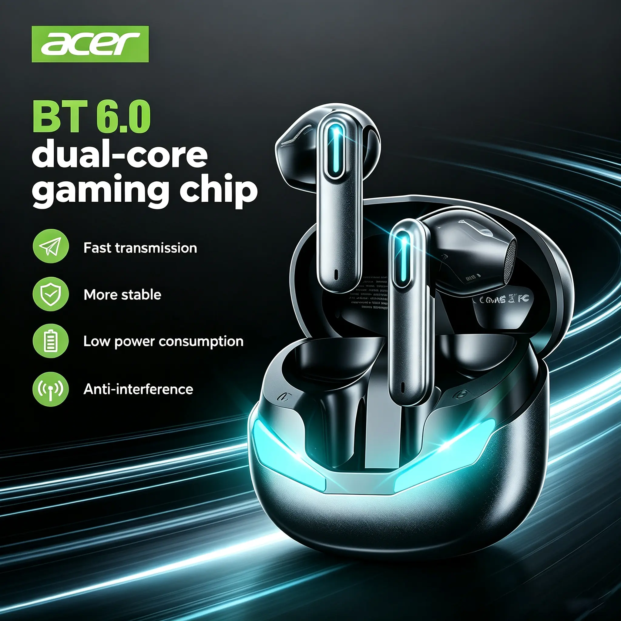 Acer OHR800 Wireless Earbuds Bluetooth 6.0 Gaming Headsets High Fidelity IPX5 Waterproof, Suitable for Office, Sports, Study and Audio Calls, Built-in Microphone, TWS Earphones