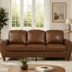81.5" Classic Living Room Sofa Faux Leather Couch with Rolled Arm Nailhead Trim Solid Wood Legs Upholstered Breathable PU Leather Brown for Living Room, Family Room, Apartment, Office, Living Room Furniture for Apartment, Lounge, Family Room