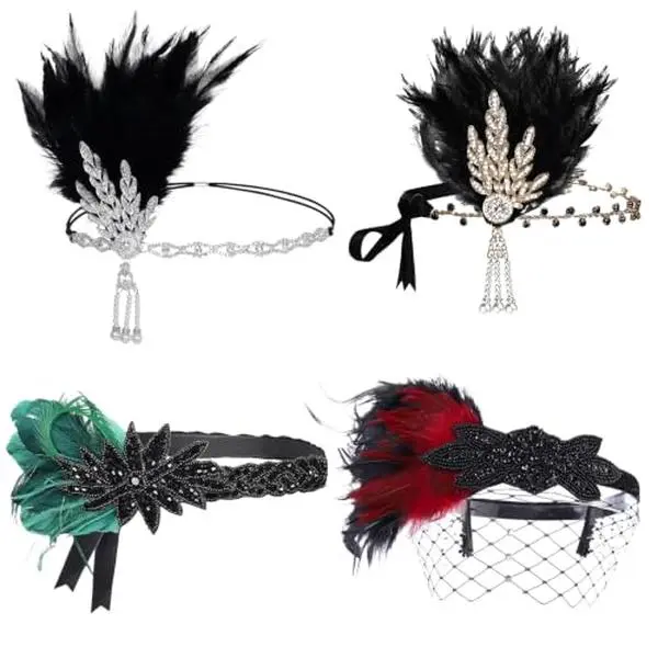 4-Pack Flapper Headbands, Vintage Rhinestone & Resin Costume Hair Accessories, Decorative Retro Headpieces