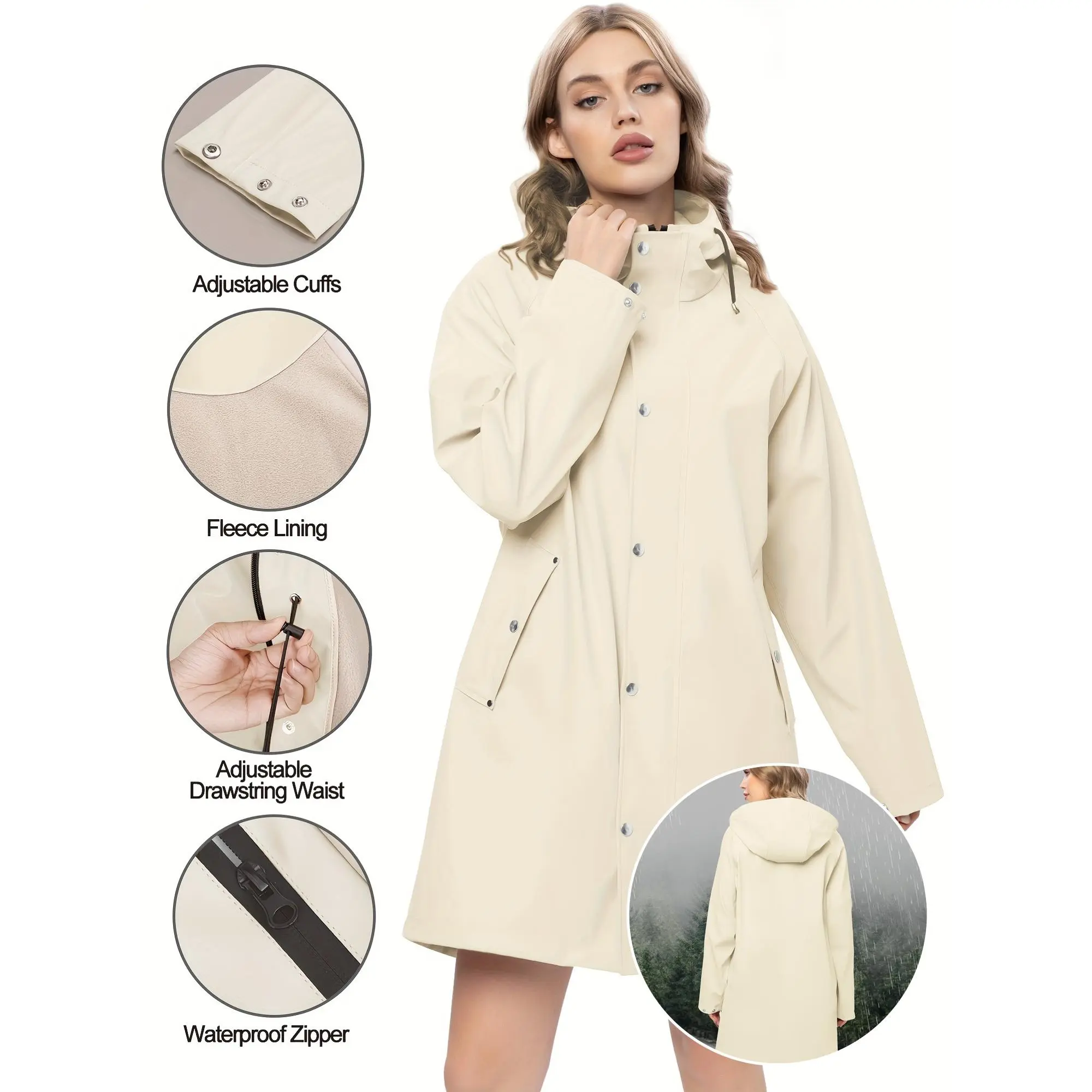 Women's Winter Jacket Raincoat With Fleece Lining, Casual Style, Waterproof, Adjustable Cuffs & Drawstring Waist, Thermal Reflective Fabric, Breathable Hooded Outerwear