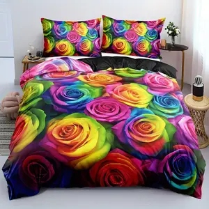 3-Piece Bedding Set, Rose Rainbow Design, Soft Comfortable Fabric, Zipper Closure, Perfect for Bedroom & Hotel