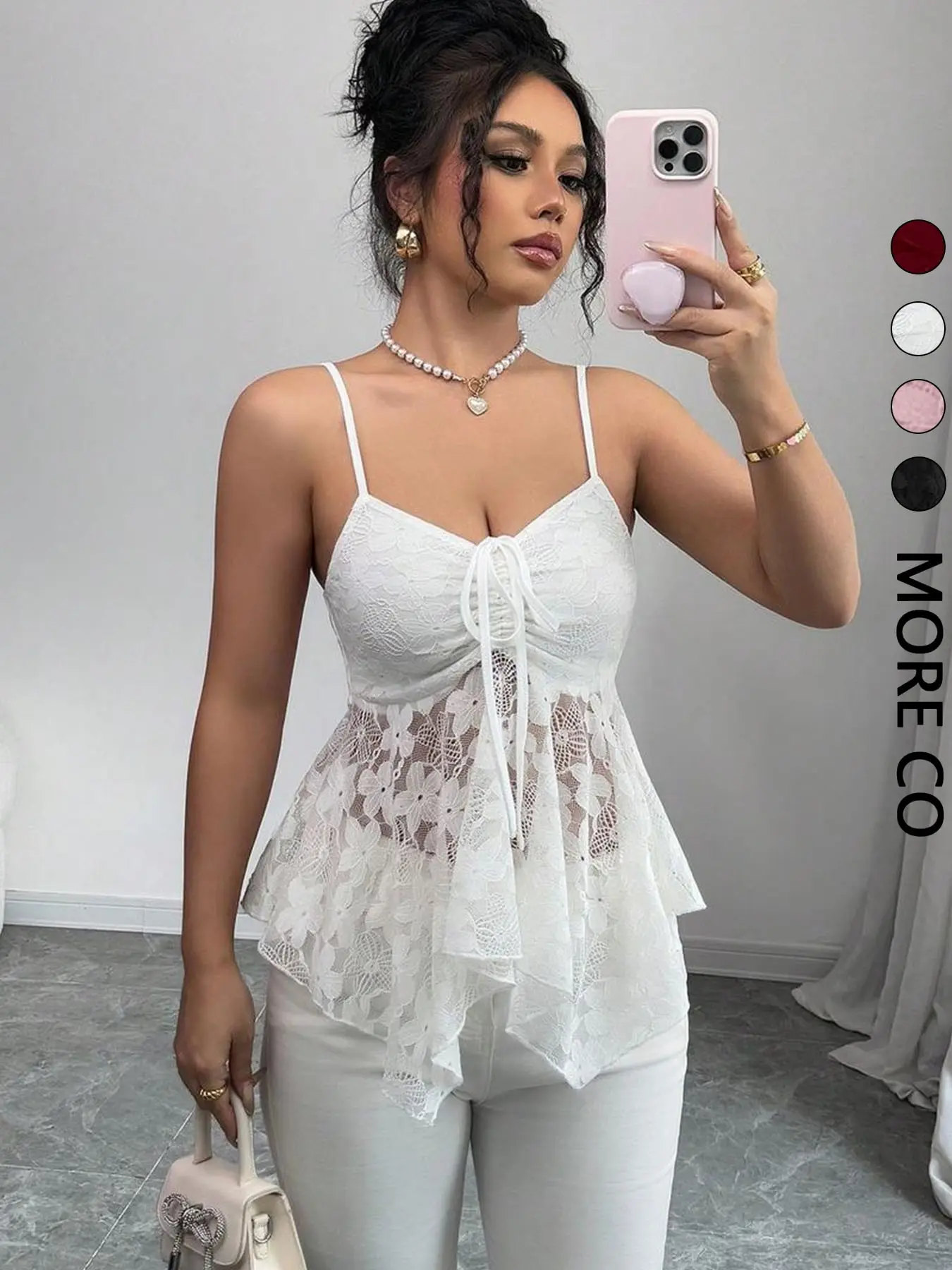 Women's Elegant Plain Color Lace Asymmetric Hem Slim Fit Camisole, Casual Sleeveless Spaghetti Strap Racerback Top, Sheer Ditsy Floral Pattern