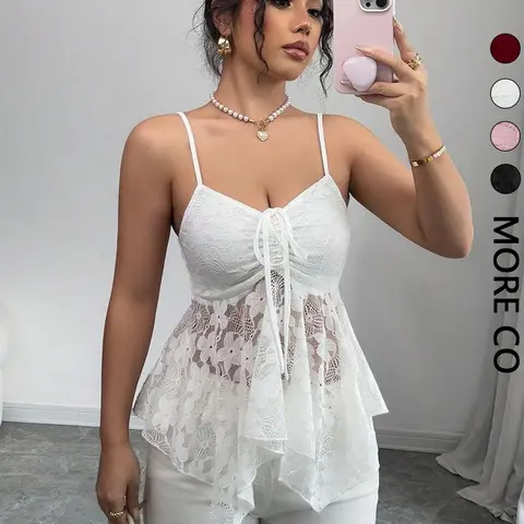 Women's Solid Color Sheer Lace Spaghetti Strap Camisole, Asymmetric Hem Design, Slim-Fit Sleeveless Top