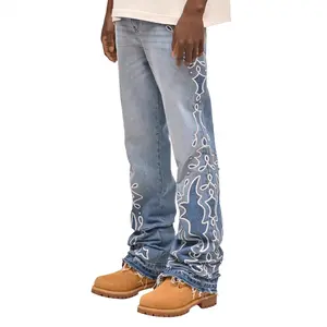 Men's Light Wash Embroidered Studded Flare Stacked Jeans Vintage Western Hip Hop Streetwear Denim Pants for Young Men Teen Guys Casual Daily Street Party Festival Concert Outfit Love Menswear outdoorfun