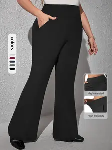 Plus Size Basic Solid-Color High-Waist Flare-Leg Pants, Casual Comfy Breathable Fabric Bell-Bottom Pants for Daily Wear, Women's Bottoms Womenswear for Fall & Winter