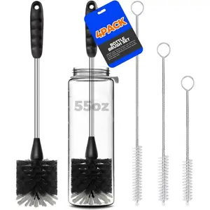 Bottle Brush Cleaner Set, 14" Long Handle Stainless Steel Bottle Cleaner Brush, 3 Straw Cleaner Brush, Bottle Cleaning Brush for Water Bottle, Cups, Abrasive Flat End Brushes, Straws Black