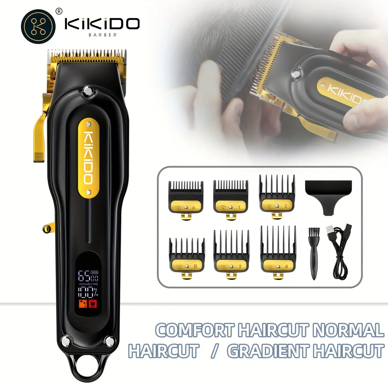 KiKiDO Black Gold Hair Clipper Trimmer for Home & Salon – Cordless Rechargeable Electric Clipper with Digital LCD Screen & Adjustable Guards