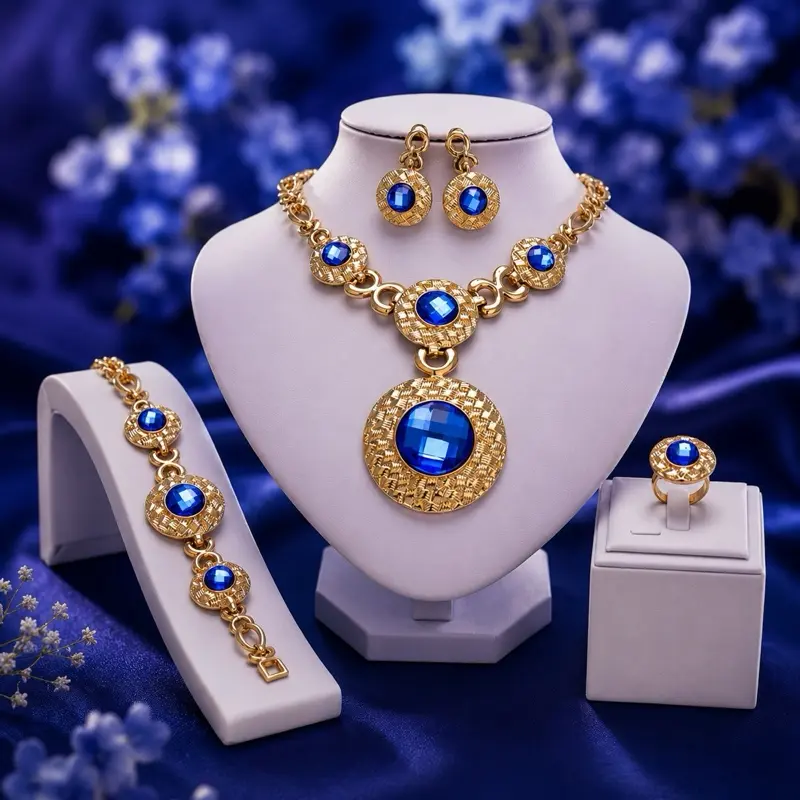 Luxury Royal Blue Crystal and Gold Jewelry Set for Special Occasions Women's