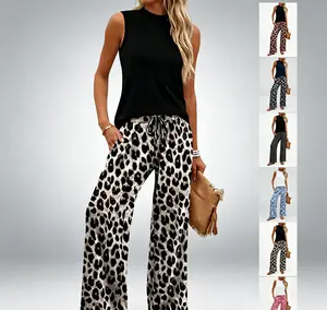 Two Piece Set for Women Summer Spring Outfits Cruise Travel Airport Beach Vacation Mock Neck Wide Leg Pants Set Womenswear