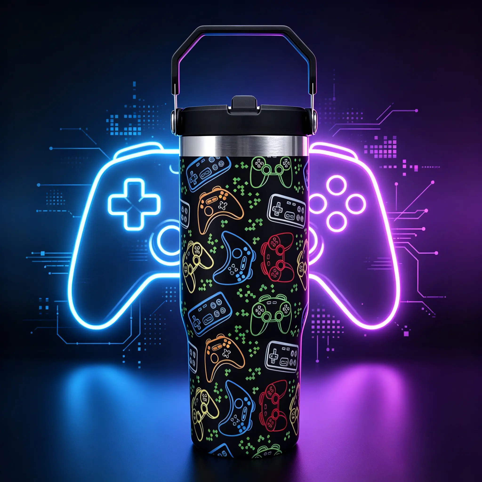 30oz Gamer Tumbler with Handle & Straw Lid, Stainless Steel Insulated Travel Mug, Retro Game Controller Print, All Seasons Hot Cold Retention, Leakproof Cup, Back to School Boys Gift for Campus Car Gaming
