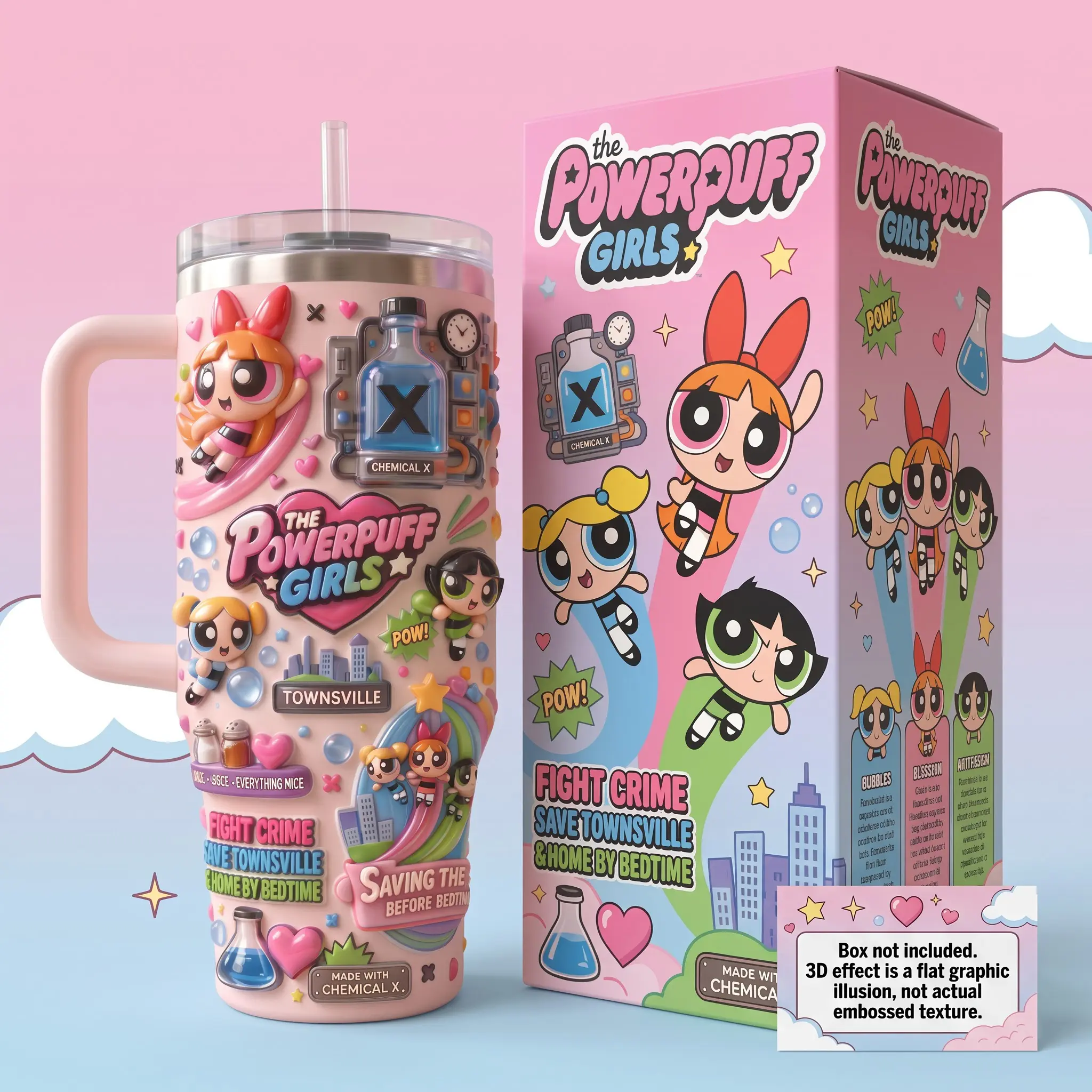 Powerpuff Girls 40oz Tumbler with Handle, Blossom Bubbles Buttercup Faux 3D Travel Coffee Mug Straw, Chemical X Townsville Cute Cartoon Double Wall Stainless Steel Water Bottle, Car Cup Holder Friendly Drinkware, Y2K Retro Anime Fan Appreciation Gift