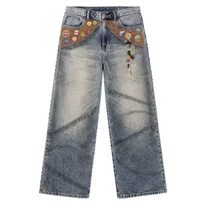 Vintage Denim Jeans with Unique Design Vintage Bottle Cap Patchwork Distressed Seam Printed for Men