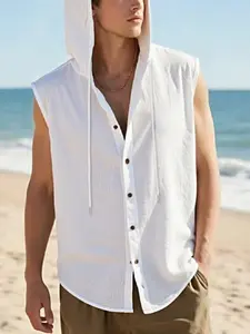 Men's Linen Hooded Tank Top, Button Down Sleeveless Shirt with Drawstring, Breathable Casual Beach Tee for Summer Vacation