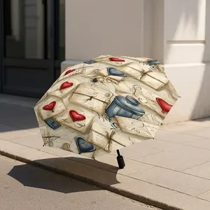Heart Envelope Love Letter Pattern Automatic Folding Umbrella, Lightweight Compact Travel Umbrella, 8-Rib Strong Frame, Unisex, Halloween Christmas Gift
