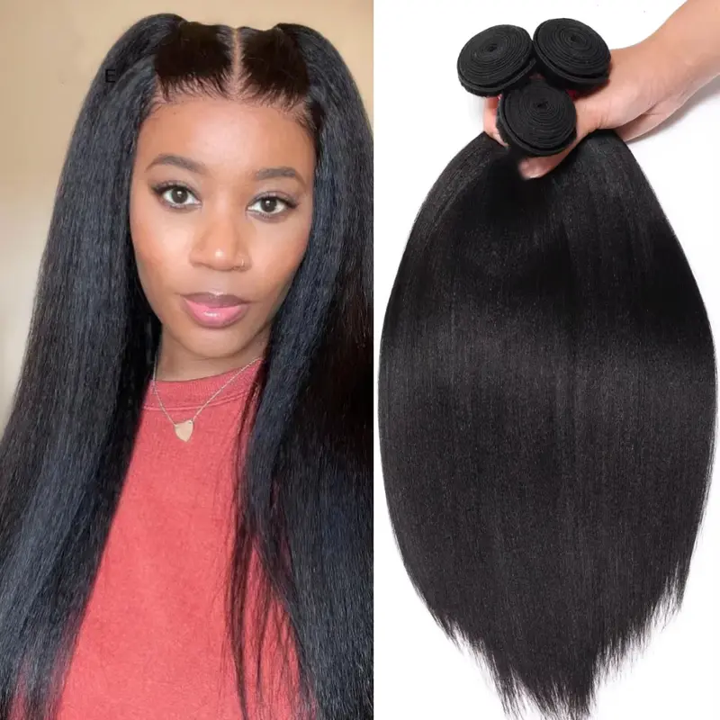 Msgem Hair Yaki Straight Hair Bundles 3PCS 100% Human Hair 12A Grade Natural Color Sew In Bundles Quick Weaves Easy to Install