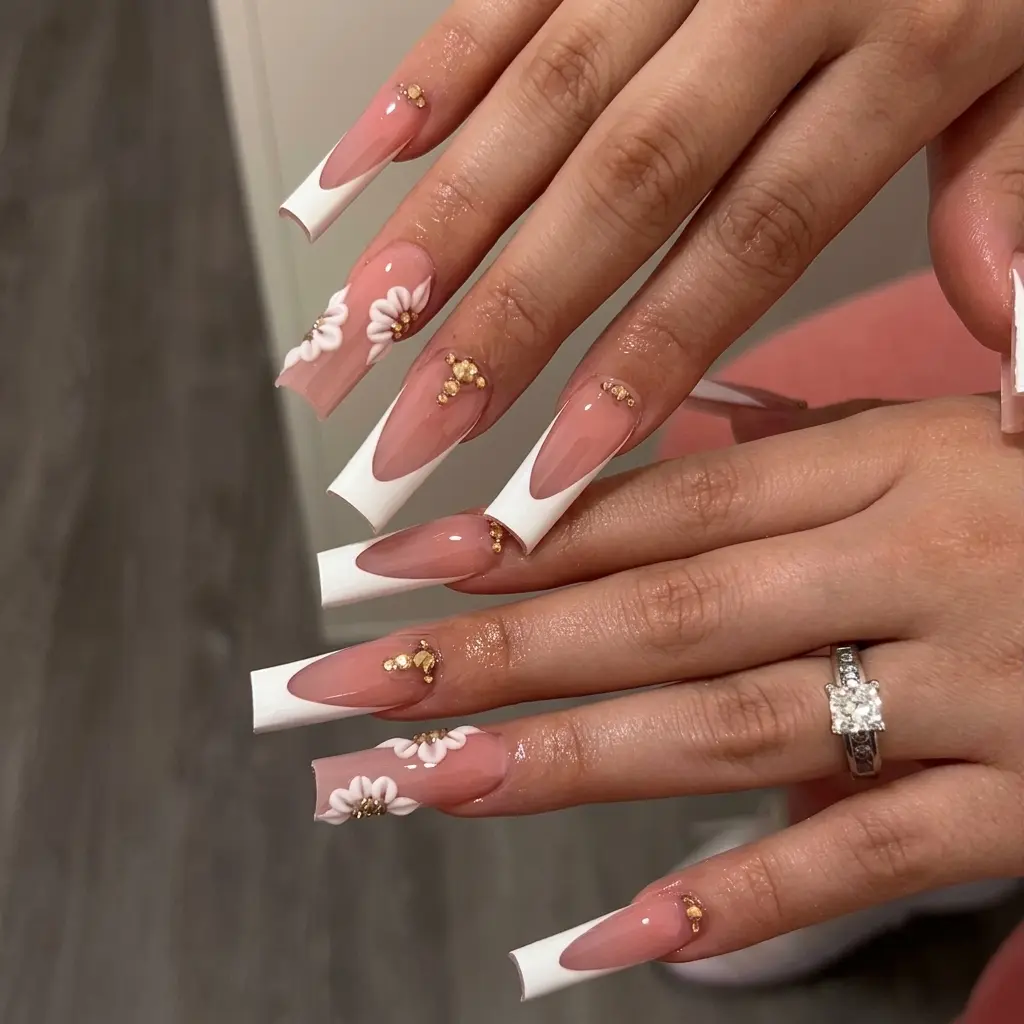 (MTO) BubbleNailArt Classic White Blossom Long Square Deep French Tip Sculpted 3D Flower Gold Rhinestone Charm Reusable Fashion Nails Handcrafted Wearable Nail Art Fashion Hand Accessories