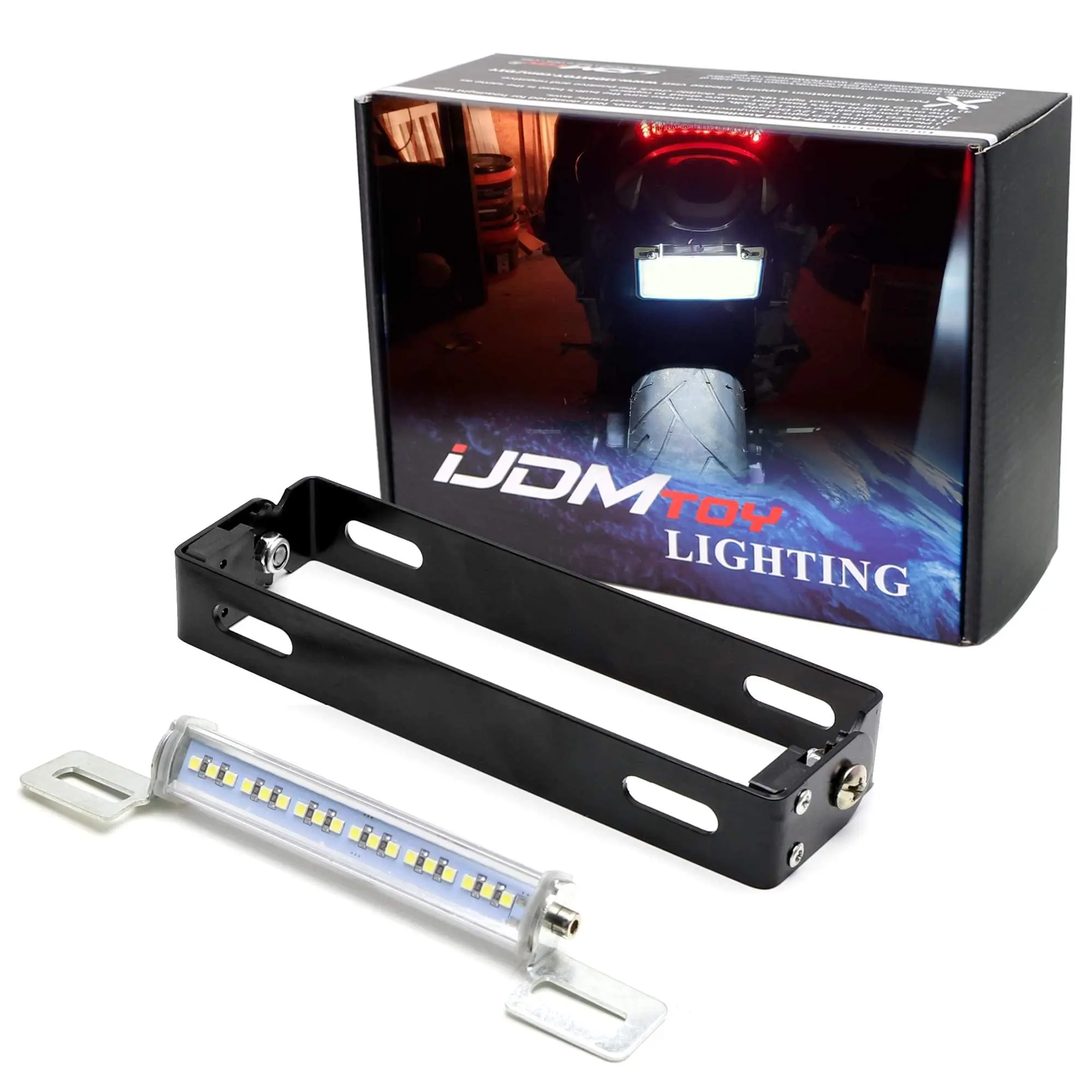 iJDMTOY Black Finish 180-Degree Ratcheting Angle Adjustable Aluminum License Plate Mount Bracket w/ 18-SMD LED License Plate Light For Motorcycle Bike ATV Dirty Bike 7-Inch Number Plate