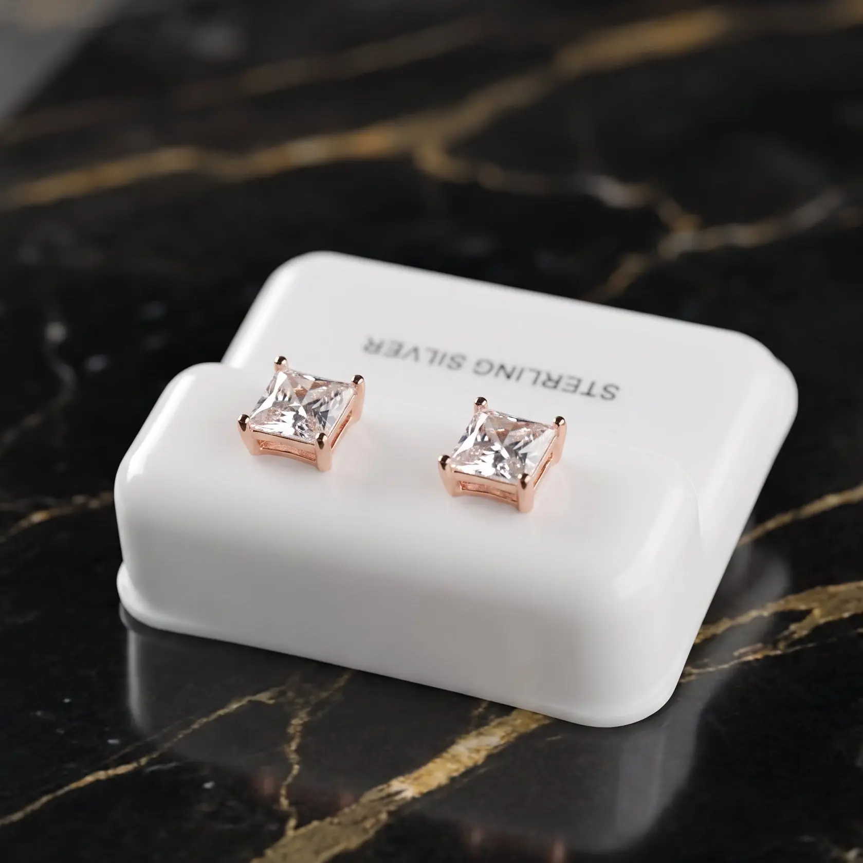 Clear Cz Earrings Square Princess Cut  Rose Gold/925 Sterling Silver