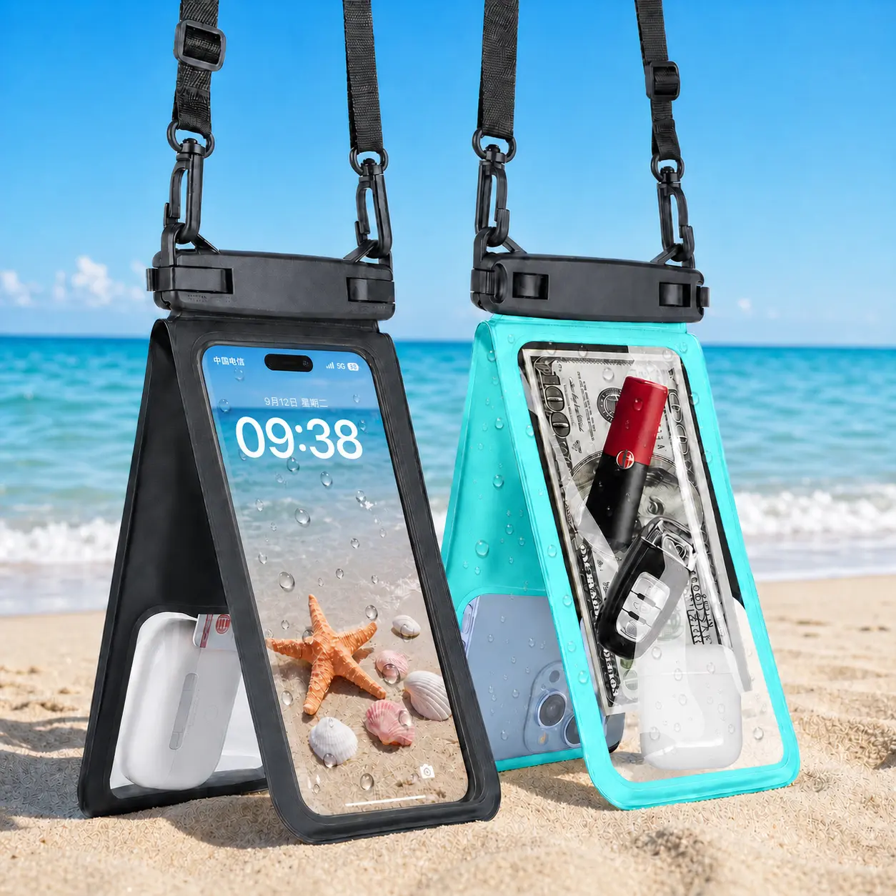 HOLDNEAR Dual Pocket Waterproof Phone Pouch - Clear Touchscreen Dry Bag with Strap for Beach Cruise & Swimming