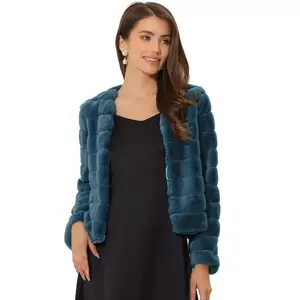 Allegra K Women's Winter Cropped Fluffy Long Sleeve Collarless Faux Fur Coat X-Small Dark Grey Blue