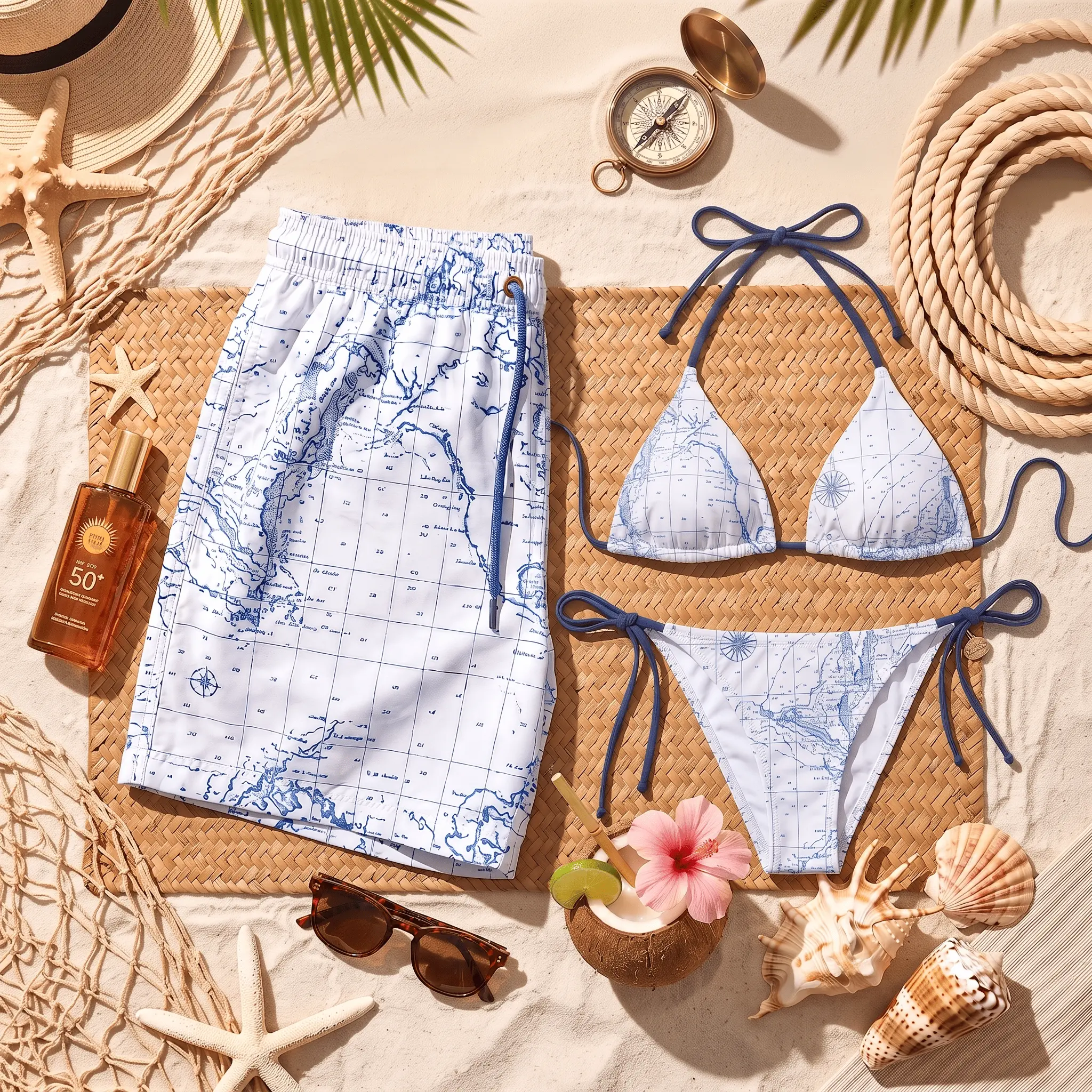 Coordinated Couple Beachwear | Blue & White Map Print Swim Trunks & 2-Piece Bikini