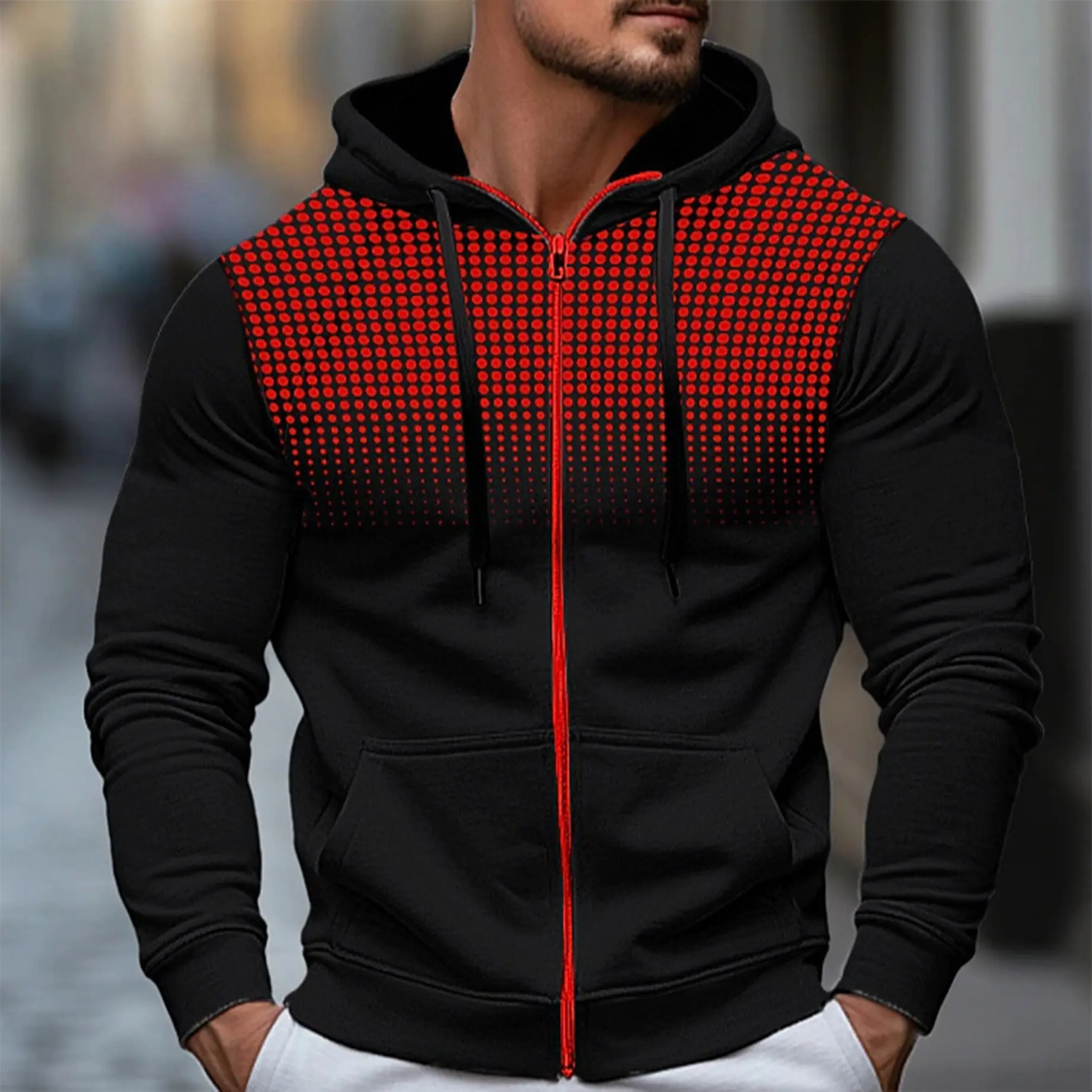 Men's Casual Dot Print Hoodie, Regular Fit Long Sleeve Zip-Up Jacket for Fall and Winter Wear