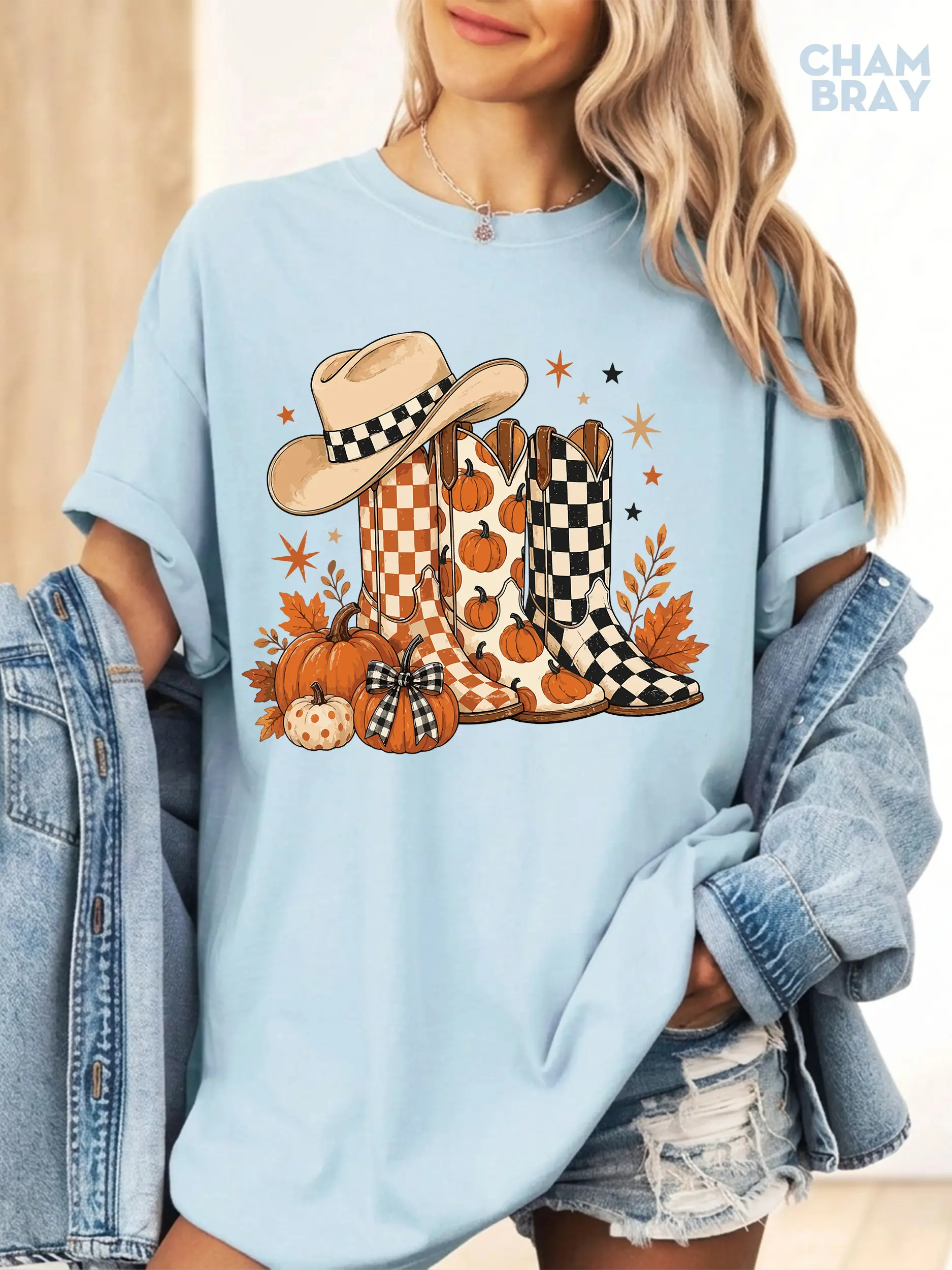 Comfort Colors Funny Howdy Polka Dots Fall Girly Autumn Graphic Tee, Cowboy Boots Checkered Fall Western Cowgirl Autumn Pumpkin Shirt