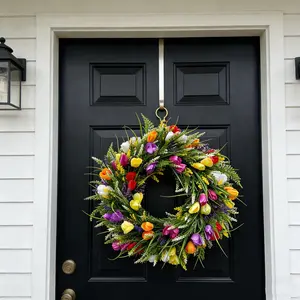 Artificial Eternal Wreath, 45cm Spring Summer Tulip Wreath with Leaves, Farmhouse Style, Indoor Outdoor Home Decor