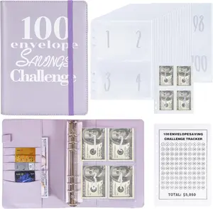 100 Envelope Money Saving Binder A5 Savings Challenge Book Purple with 100 Clear Envelopes & Tracker Stickers for Financial Goals