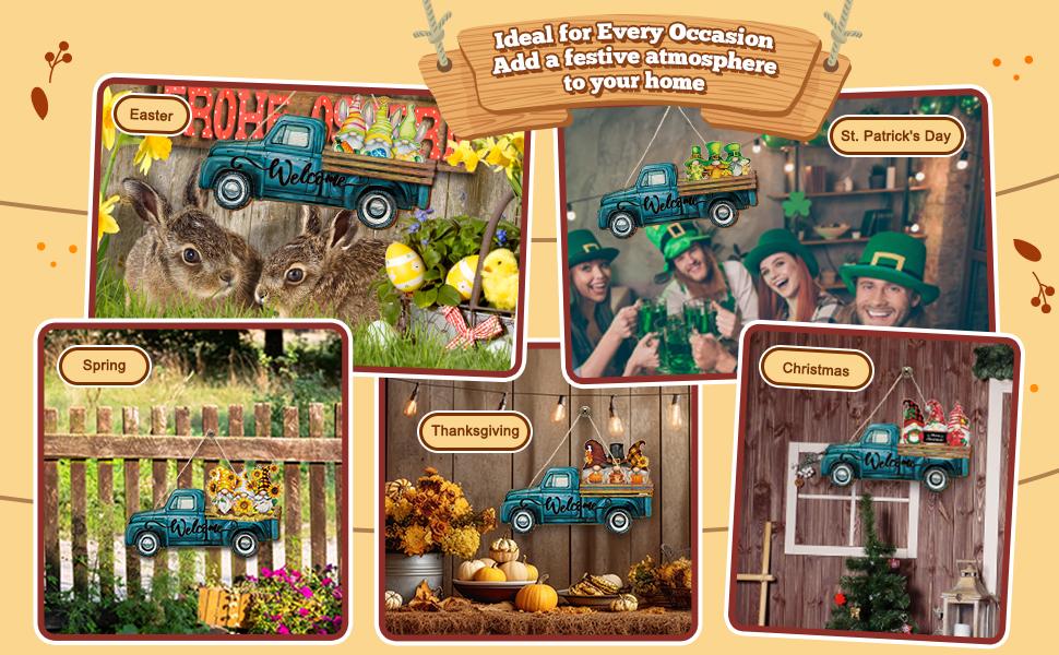 23 Pcs Interchangeable Gnome Welcome Sign for Front Door, Magnetic Seasonal Wooden Truck Door Hanging Decor for Valentines St. Patrick's Day Easter Spring Birthday Holiday Party, Farmhouse Porch Wall Home Decor, Housewarming Gift for Room Office Garden