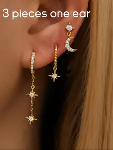 6/3pcs Set Star Moon Cartilage Piercing Earrings, Cubic Zirconia Stainless Steel Pendant Chain, Hoop Earring Sets Piercing Jewelry Stud Earrings Jewelry