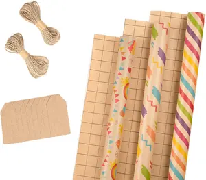 RUSPEPA Wrapping Paper Rolls with Tags and Jute String - Mini Roll - 17 inches x 10 feet per Roll, Total of 3 Rolls, Birthday