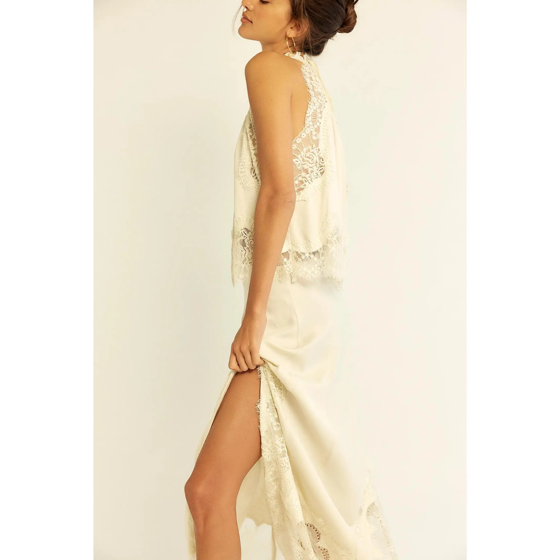 Women Satin Skirt Set Lace Trim Mock Neck Backless Tops Asymmetry Hem Maxi  Skirt Y2k Silky Going Out Outfits line Dress - TikTok Shop