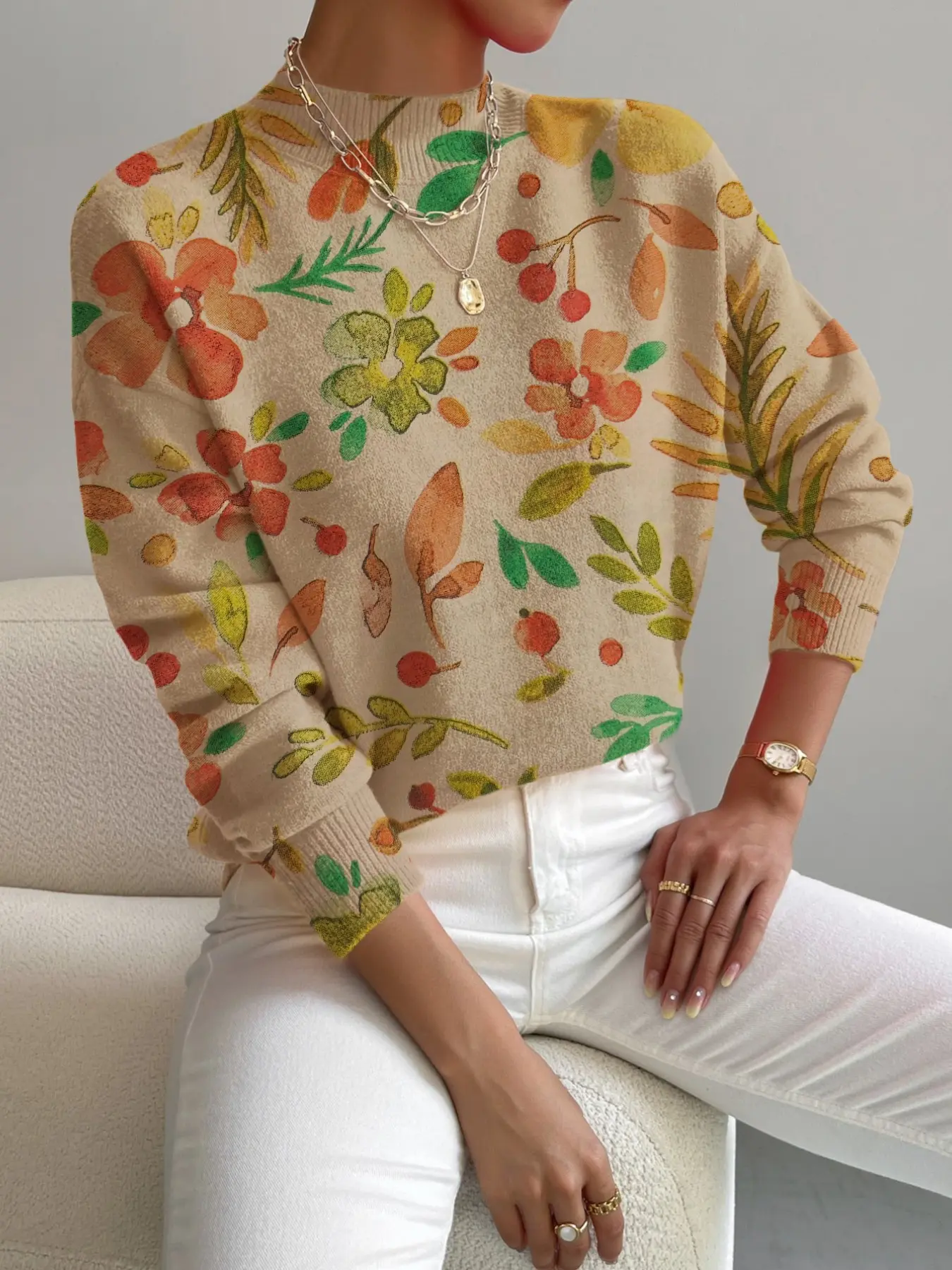 Women's Floral Leaf Print Knit Aesthetic Sweater, Stand Collar Gradient Color, Spring Fall Winter Casual Elegant Commuter Wear