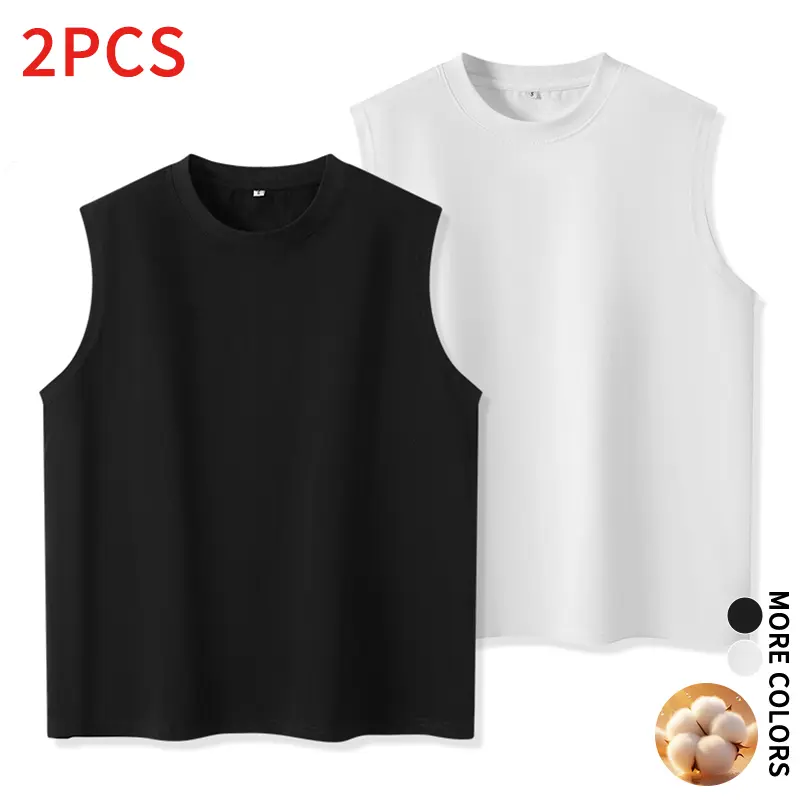 Men’s minimalist solid-color sleeveless T-shirt, 2-pack, breathable cotton fabric, suitable for running, fitness, basketball, and everyday layering; versatile tank top