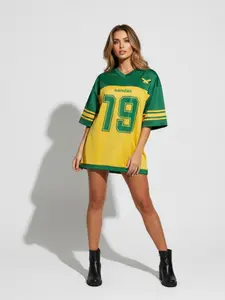 Yellow-green color block V-neck No. 19 number jersey T-shirt, Jamaica love heart color contrast short-sleeve, American retro street style loose top
