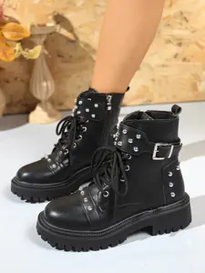 Women's Fashion Ankle Boots, Side Zipper Design, Rivet Decorated Motorcycle Boots, Lace-Up Classic Combat Boots for Walking & Work, Footwear