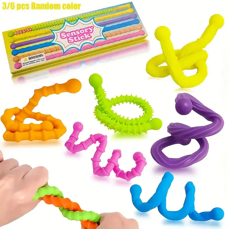 6 Silicone Sensory Sticks Reversible Texture Toys Non Plastic Fine Motor Skills Educational Thinking Random Color Perfect Birthday Halloween Christmas Party Gift