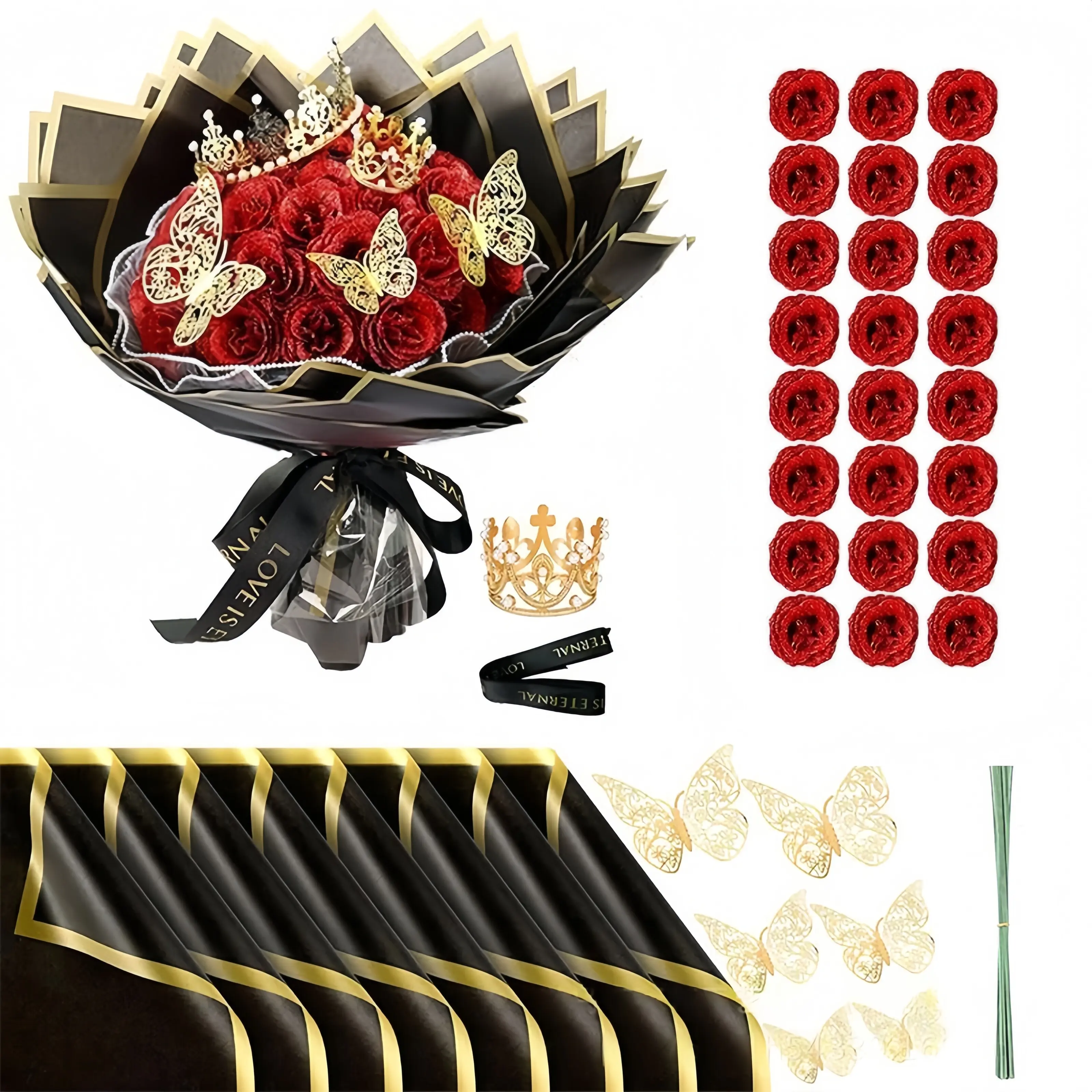 Valentine's Day Butterfly Crown 24 Sparkling Rose Gold Pink Bouquet, DIY Artificial Rose Packaging Paper Exclusive Valentine's Day Gift
