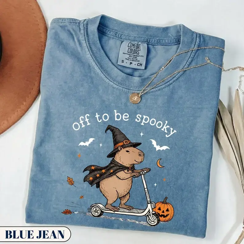Funny Capybara Halloween Shirt, Off to Be Spooky Comfort Colors Tee, Witch Capybara Graphic T-Shirt, Weirdcore Fall Apparel, Cute Spooky Season Gift