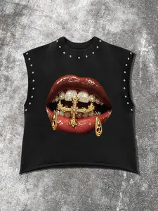 Men's Sleeveless Shirt, Dark Style, Stylish Tank, Gold Tooth Cross Lip Print Hip Hop Attitude, Detailed Craftsmanship, Perfect for Streetwear, Sleeveless Sport Tank