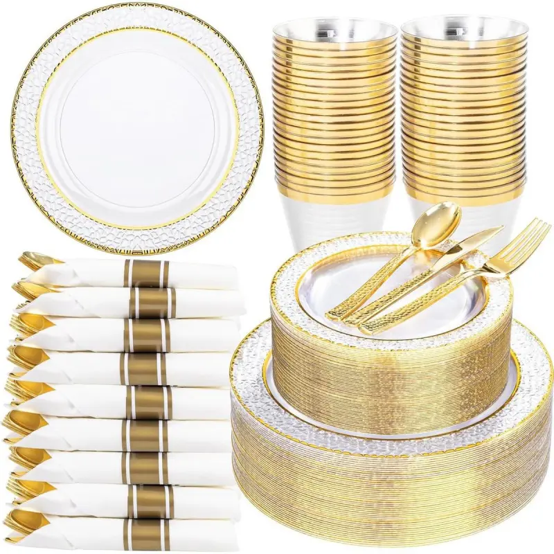 350PCS Clear Plastic Plates with Gold Trim for 50 Guests, Disposable Dinnerware Set for Wedding & Thanksgiving, Includes 100 Plastic Plates, 50 Pre Rolled Napkins with Gold Silverware, 50 Cups