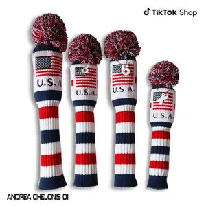 Craftsman Golf USA Flag Retro Knit Pom Pom Headcover - Patriotic Red White & Blue Protection for Driver, Fairway Wood & Hybrids