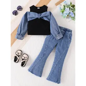 A Two-Piece Set Girls Featuring a Patchwork Faux Top That Looks Like Two Layers And Flared Faux Pants, Perfect Stylish And Casual Outings, Outdoor